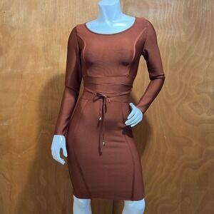Maketina Brown Bandage Bodycon Cocktail Dress S Small Long Sleeve Tie
